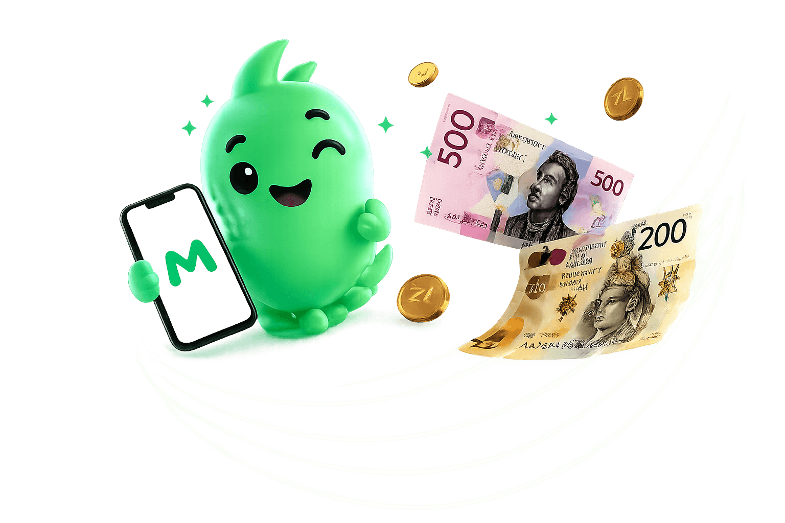 Maskotka Moniak z telefonem i banknotami 500 zł i 200 zł